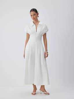 Cider - Draped Pocket Women's Collared Flared Maxi Dress White