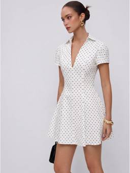 Cider - Women's Polka Dot Short Sleeve A-Line Mini Dress White