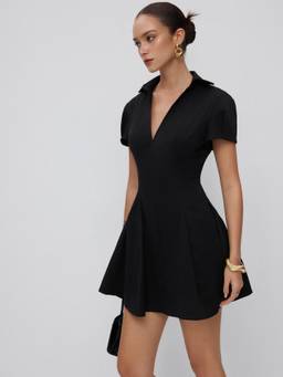 Cider - Women's Short Sleeve Collared A-Line Mini Dress Black