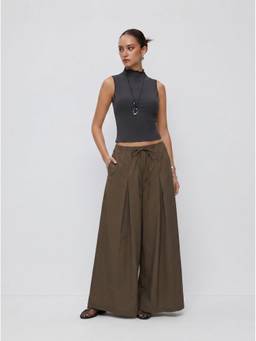 Cider - Cotton-Blend Women Low Rise Drawstring Wide-Leg Trousers Brown