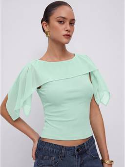 Cider - Draped Overlay Women’s Boat Neck Short Sleeve Top Green