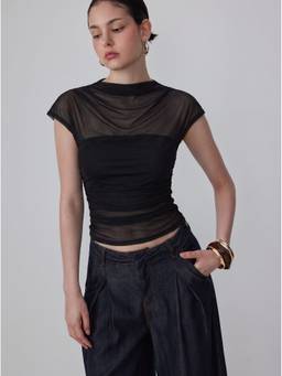 Cider - Mesh Women's Ruched High Neck Top Black