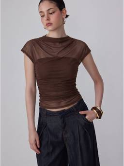 Cider - Mesh Women's Ruched High Neck Top Coffee