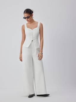 Cider - Linen-Blend Women's Lace Panel Wide-Leg Jumpsuit White