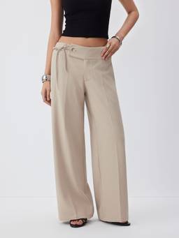 Cider - Side Tie Metal Detail Women Low Waist Straight Leg Trousers Beige