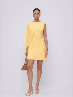 Cider - Textured Women's Boat Neck Ruched A-Line Mini Dress Yellow