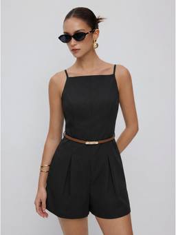 Cider - Linen Blend Women Square Neck Belted Cami Playsuit Black