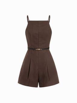 Cider - Linen Blend Women's Square Neck Belted Cami Romper Coffee