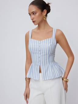 Cider - Cotton Blend Women Striped V-Neck Peplum Top Light Blue