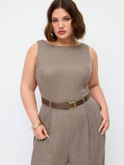Cider - Houndstooth Women's Boat Neck Belted Wide-Leg Jumpsuit Khaki
