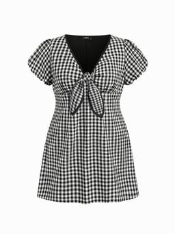 Cider - Cotton Blend Women V-Neck Puff Sleeve A-Line Mini Dress Black