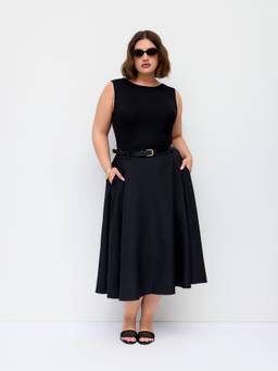 Cider - Pocket Belted Women Sleeveless Boat Neck A-Line Midi Dress Black