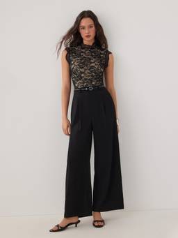 Cider - Lace Stand Collar Women's Belted Wide-Leg Jumpsuit Black