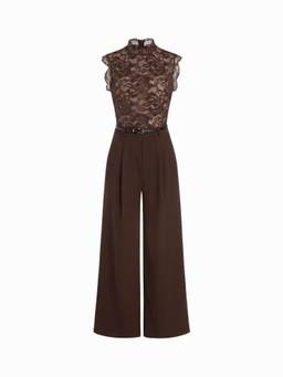 Cider - Lace Stand Collar Women's Wide-Leg Jumpsuit Brown