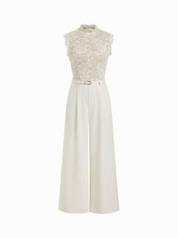 Cider - Lace Stand Collar Women's Belted Wide-Leg Jumpsuit Cream