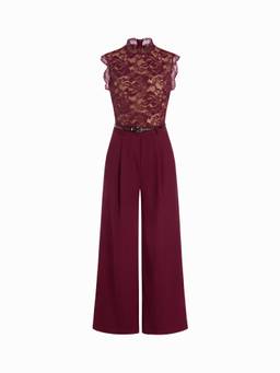 Cider - Lace Stand Collar Women's Belted Wide-Leg Jumpsuit Wine