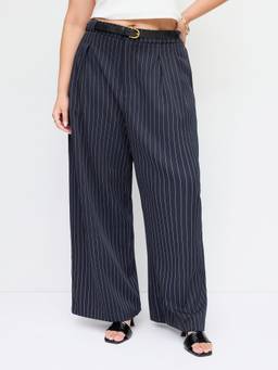 Cider - Striped Women's Mid-Waist Pleated Straight-Leg Trousers Navy Blue