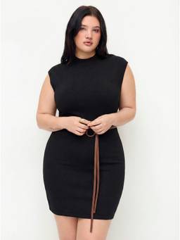 Cider - Knit Women's Stand Collar Belted Straight Mini Dress Black