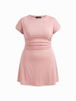 Cider - Cotton-Blend Women's Ruched Round Neck Mini Dress Pink