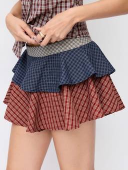 Cider - Cotton Blend Women Low Rise Checked Tiered Mini Skirt Blue