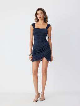 Cider - Glitter Women's Ruched Square Neck Bodycon Mini Dress Navy Blue