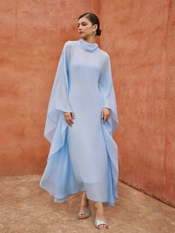 Cider - Chiffon Women's High Neck Cape Tie-Back A-Line Maxi Dress Blue