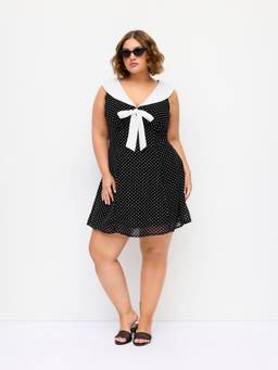 Cider - Polka Dot Women's Sleeveless Sailor Collar A-Line Mini Dress Black