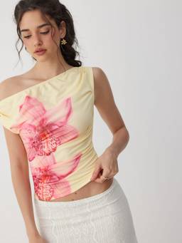 Cider - Mesh Floral Women's Ruched Asymmetrical Tank Top Cream