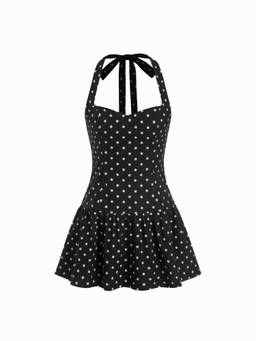 Cider - Linen-Blend Women’s Halter Neck Bowknot A-Line Mini Dress Black