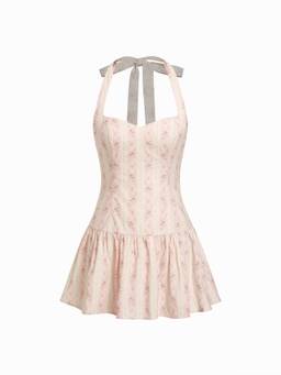 Cider - Linen Blend Women's Halter Neck Bow A-Line Mini Dress Pink