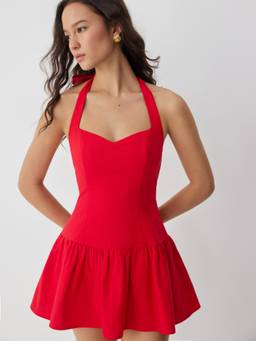Cider - Linen Blend Women's Halter Neck Bow A-Line Mini Dress Red