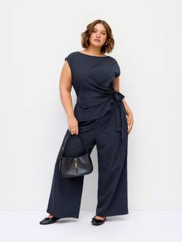 Cider - Women's Striped Ruched Knotted Wide-Leg Jumpsuit Navy Blue