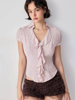 Cider - Cotton Blend Women's Ruffled Striped Short Sleeve Blouse Pink