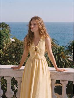 Cider - Cotton Blend Women's V-Neck Twist Knot A-Line Maxi Dress Yellow