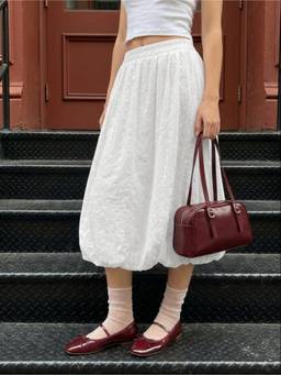 Cider - Lace Floral Women Mid-Waist Bubble Midi Skirt White