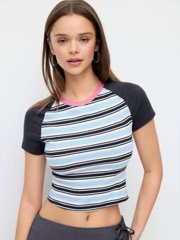 Cider - Knit Fabric Women's Striped Round Neck Short Sleeve T-Shirt Blue
