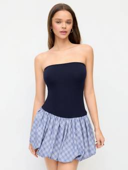 Cider - Plaid Balloon Women's Strapless Mini Dress Navy Blue