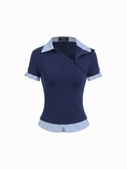 Cider - Striped Asymmetrical Women's Polo Neck Short Sleeve Top Navy Blue