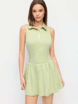 Cider - Gingham Polo Neck Women's Sleeveless A-Line Mini Dress Green