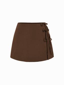 Cider - Side Tie Bowknot Women Low Rise A-Line Mini Skirt Brown