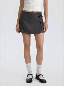 Cider - Side Tie Bowknot Women Low-Rise A-Line Mini Skirt Grey