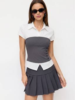 Cider - Two-Tone Women's Mock Bustier Collared Short Sleeve Shirt White