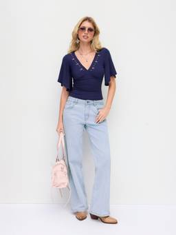 Cider - Stretch Denim Women's Low-Rise Embroidered Straight-Leg Jeans Blue