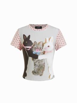 Cider - Bunny Graphic Women's Graphic Print Crew Neck T-Shirt Pink