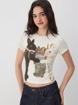 Cider - Bunny Graphic Women's Polka Dot Crew Neck T-Shirt White