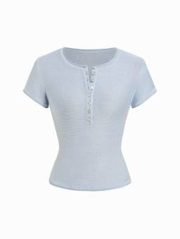 Cider - Linen-Blend Women’s Slim Henley Neck Short Sleeve Top Baby Blue