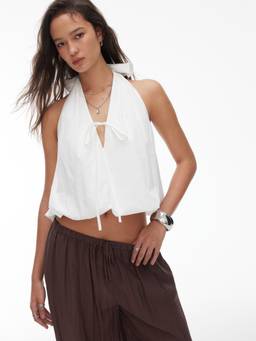 Cider - Cotton Women's Tie-Front Halter Neck Bubble Hem Crop Top White