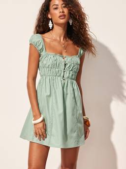 Cider - Linen Blend Women’s Square Neck Puff Sleeve A-Line Mini Dress Green