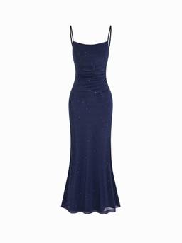 Cider - Mesh Polka Dot Women's Lace Panel Mermaid Maxi Dress Blue