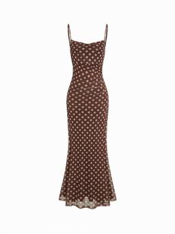 Cider - Mesh Polka Dot Women's Lace Panel Mermaid Maxi Dress Brown
